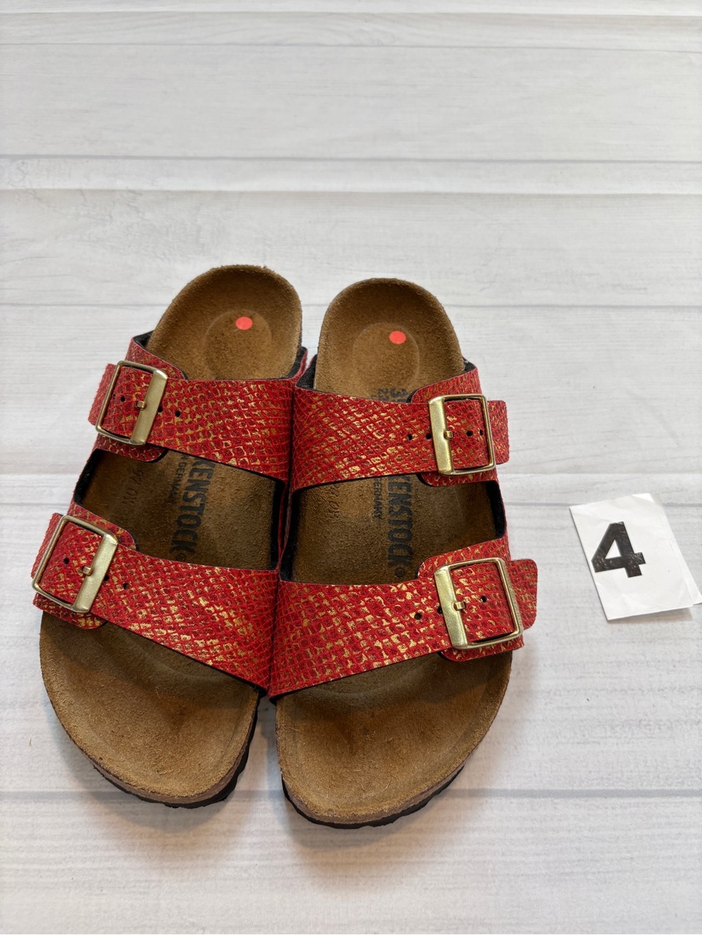 Birkenstock Red Double-Strap Kids Sandals with Gold Buckles